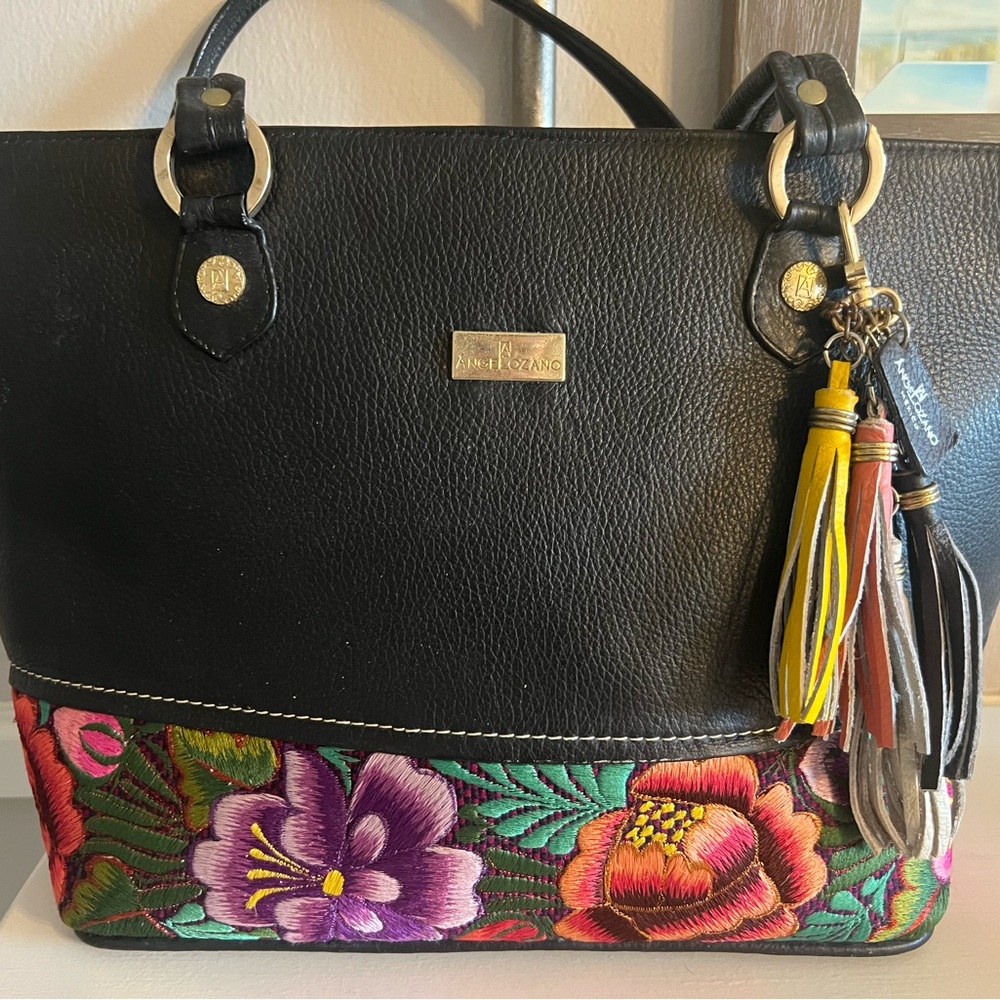 Angelozano Black Embroidered  Tote with Gold Hardware and Tassels